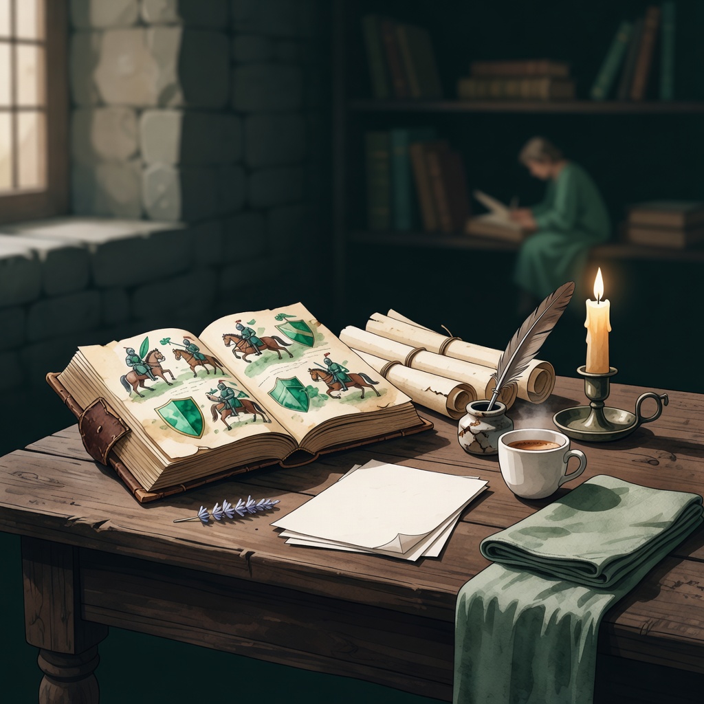 Parchment scrolls on a medieval scribe desk