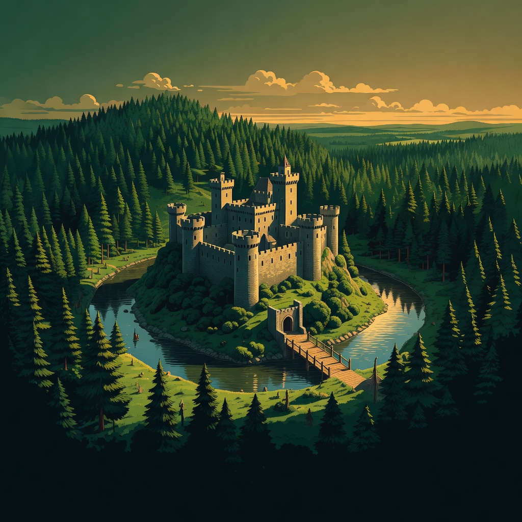 Aerial view of a medieval castle in forest